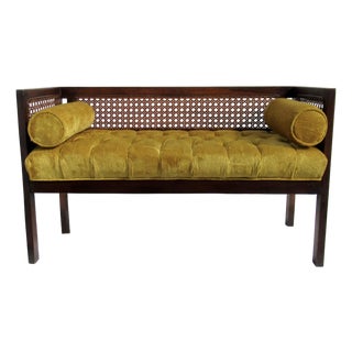 C.1970's Crushed Velvet Velour Button-Tufted Upholstered Caned Wood Bench With Bolster Pillows For Sale