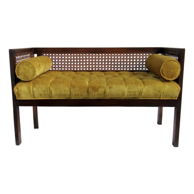 C.1970's Crushed Velvet Velour Button-Tufted Upholstered Caned Wood Bench With Bolster Pillows For Sale