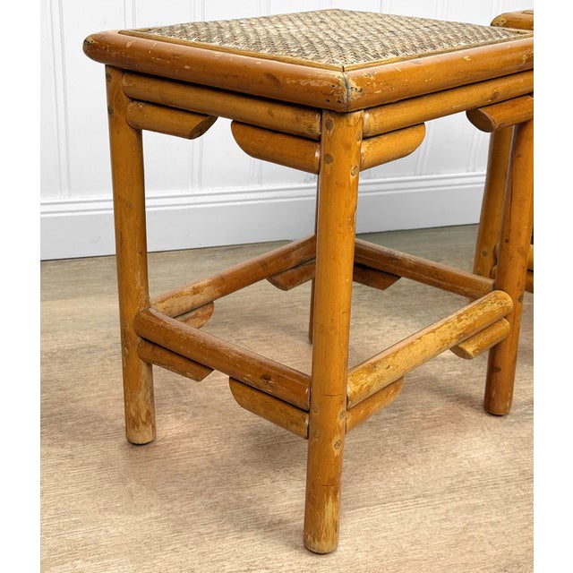 Brown Vintage 1970s Coastal Rattan End Table Stands W/ Wicker Tops - A Pair For Sale - Image 8 of 10