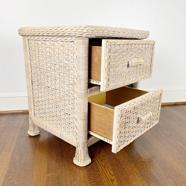 Late 20th Century Wicker Bedroom Set 5-Drawer Tall Boy Chest and 2-Drawer Nightstand - Set of 2 For Sale - Image 11 of 12