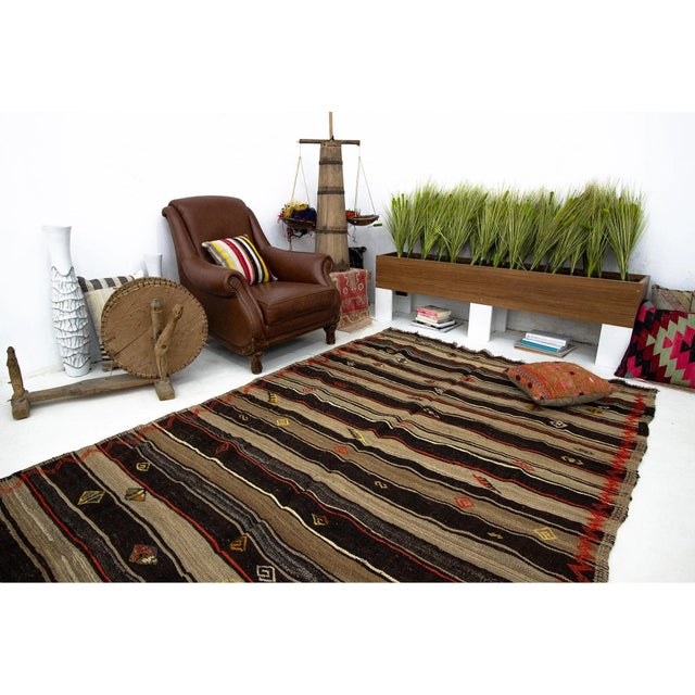 Vintage Brown & Orange Striped Kilim Rug-6'x11'3" For Sale In Los Angeles - Image 6 of 7