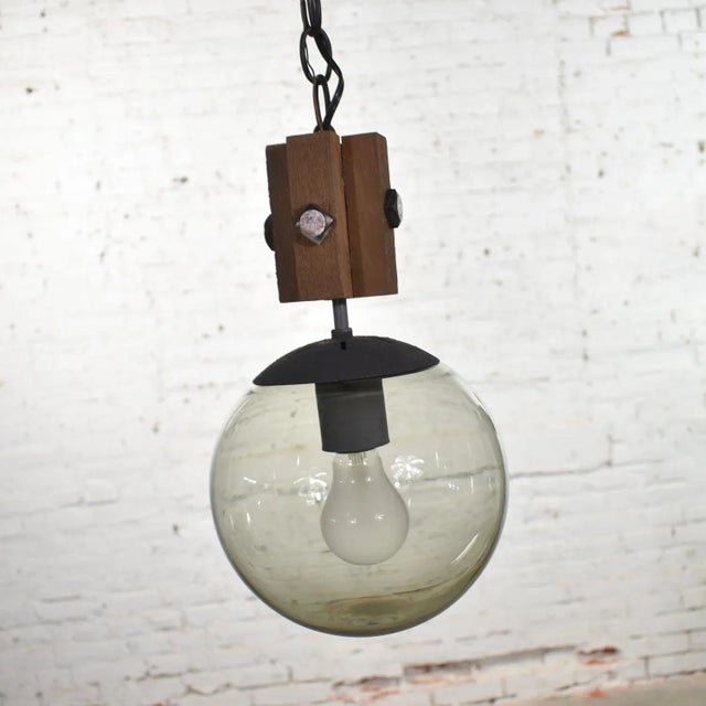 Mid Century Modern Brutalist Pendant Light Wood & Smoked Glass Globe Black Chain N O S For Sale - Image 10 of 13