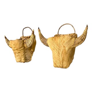 Pair Vintage Texas Folk Tramp Art Wicker Bull Head Planters For Sale
