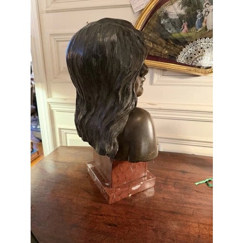 Emmanuel Villanis Antique 1858 Emmanuel Villanis Cast Bronze of a Young Girl on Marble Stand For Sale - Image 4 of 11