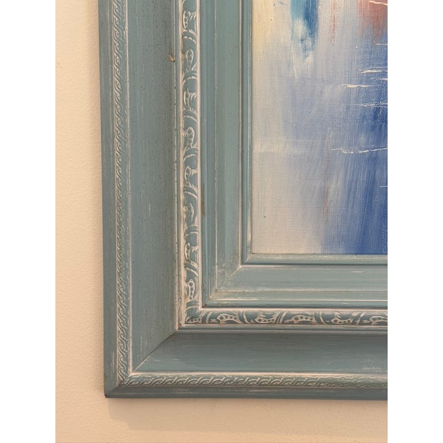 Wood Mid-Century Impressionist Rainy Cityscape by W. Amion – Heavy Slate Blue Frame For Sale - Image 7 of 15