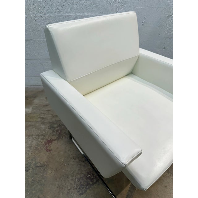 Metal Pair of Brueton White Naugahyde and Chrome Frame Dining Arm Chairs - Twelve Available For Sale - Image 7 of 11
