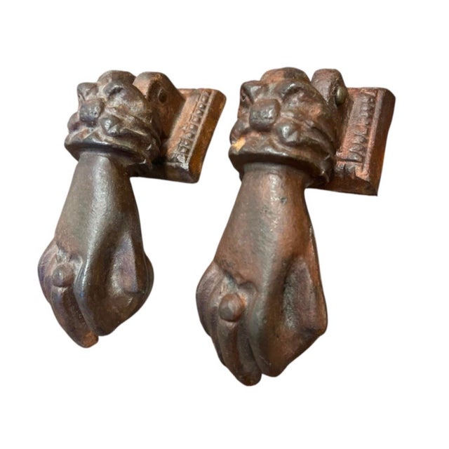 Pair of Vintage Victorian-Style Cast Iron Hand Door Knockers For Sale In West Palm - Image 6 of 12