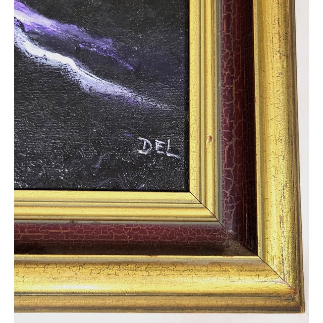 Purple Vintage American 20th C Framed Oil Painting Nocturnal Landscape River & Forest For Sale - Image 8 of 16