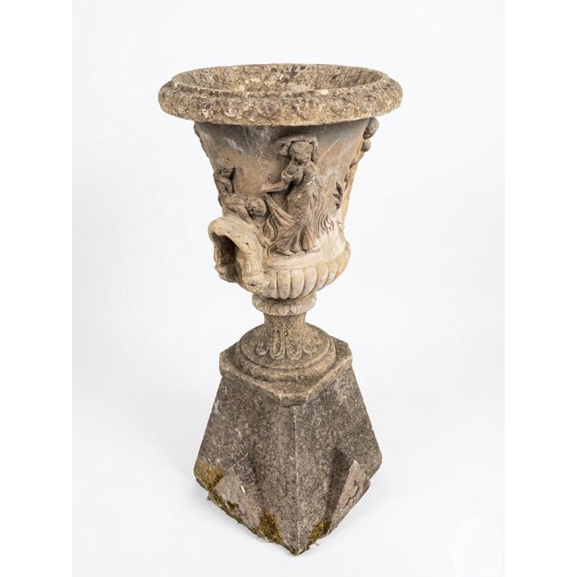 English Neo-Classical Style Cast Stone Garden Urn on Pedestal With Bacchanalian Relief For Sale - Image 3 of 10