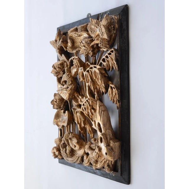 Vintage Chinese Gilded Hand-Carved Wood Relief Panel of Birds and Flowers For Sale - Image 4 of 12