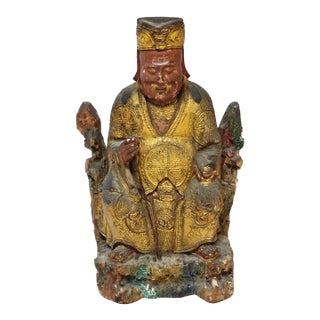Early 19th C. Chinese Qing Gilt Lacquer Carved Wood Daoist Temple Deity Figure For Sale