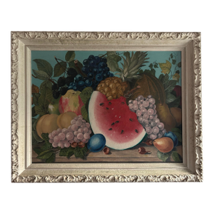 Vintage Oil Painting of Fruit Still Life in White Wood Frame