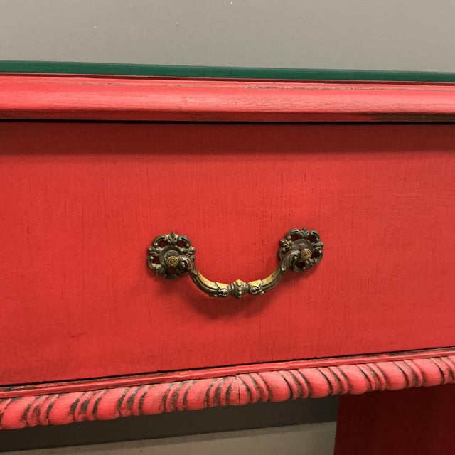 Asian Writing Desk Painted Red Brass Hardware Rope Turn Trim Glass Top 7 Drawers For Sale - Image 12 of 12