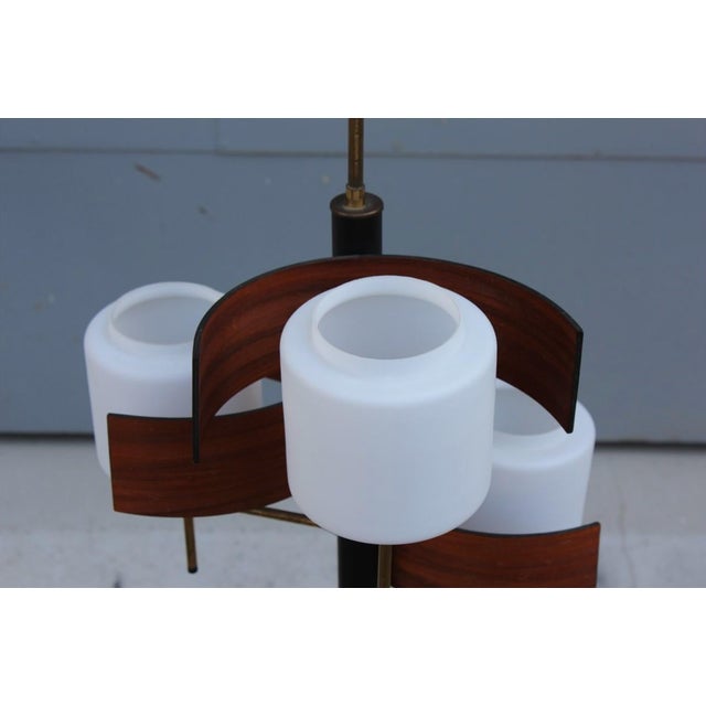 Mid-Century Modern Midcentury Italian Design Esperia Glass White Brass Mahogany Chandelier For Sale - Image 3 of 5