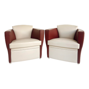 Brueton 2-Tone Leather "Embrace" Club Chairs by Victor I. Dziekiewicz- Set of 2