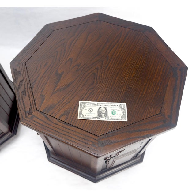 Wood Pair Cerused Oak Round Octagon Shape 1 Door Compartment End Tables Stands MINT! For Sale - Image 7 of 8