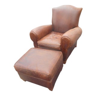 Mitchell Gold Distressed Leather Lounge Chair and Ottoman For Sale