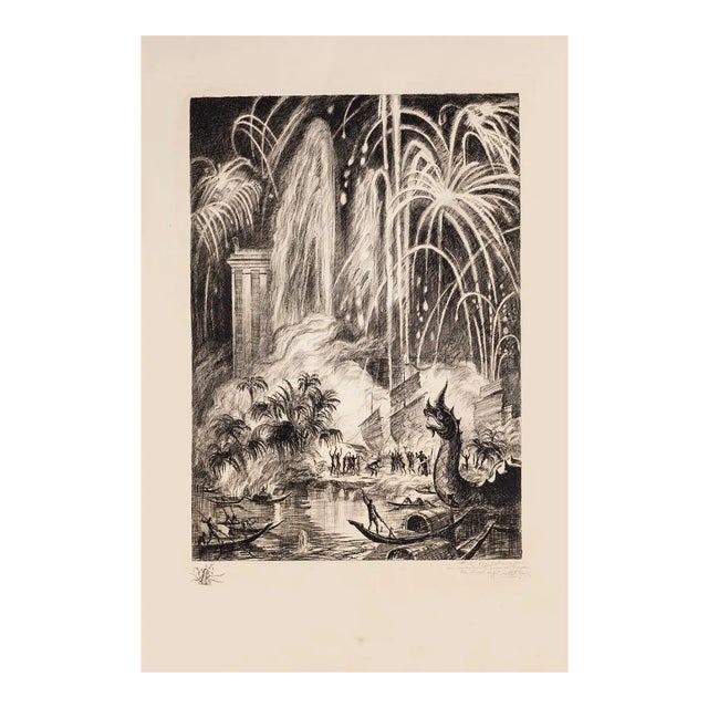 Rene Cottet - Oriental Feast - Fireworks - Original Etching - 1937 For Sale