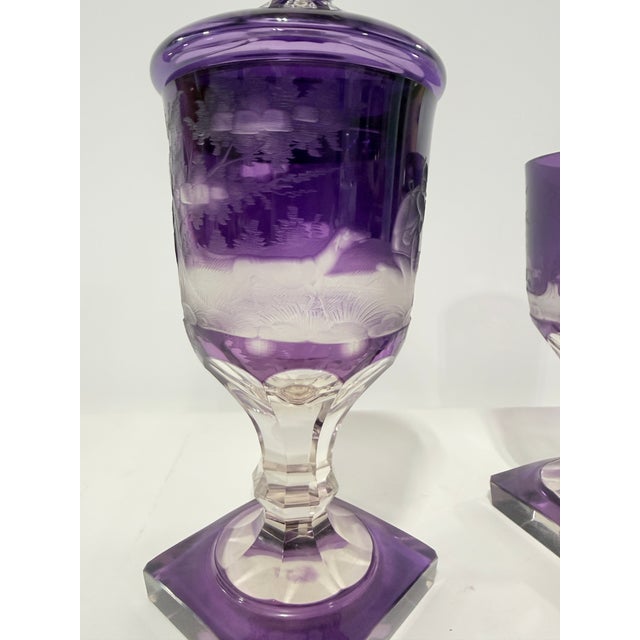Pr, Bohemian Amethyst Hunting Engraved Glass Covered Urns, Late 19th Century For Sale In Providence - Image 6 of 11