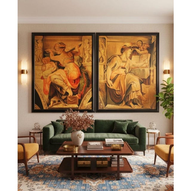 1980s Monumental Reproduction Michaelangelo Sibyl, Erythraean Oil Paintings Framed Art Signed Rueben- A Pair For Sale In West Palm - Image 6 of 18