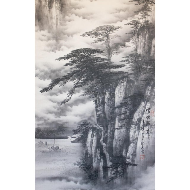 XL 1900-1940s Ink Landscape by Keihou, Japanese Scroll Painting For Sale - Image 9 of 15