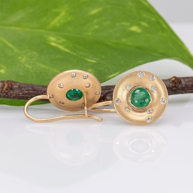 2020s Zambian Emerald Stud Earrings With Earth-Mined Diamond Accents: Solid 14k Gold, A Pair For Sale - Image 5 of 6