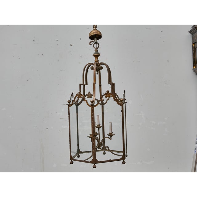 Metal Tall French Wrought Iron Lantern With Glass Panels and Scroll Detailing - 1900s For Sale - Image 7 of 18