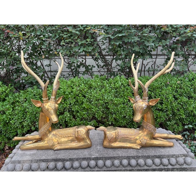 Mid-Century Modern 1960s Pair of Hollywood Regency Brass Stags For Sale - Image 3 of 13