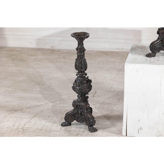 Baroque-Style Ornate Metal Candlesticks with Cherub, Volute and Garland Motifs - set of 2 For Sale - Image 9 of 12