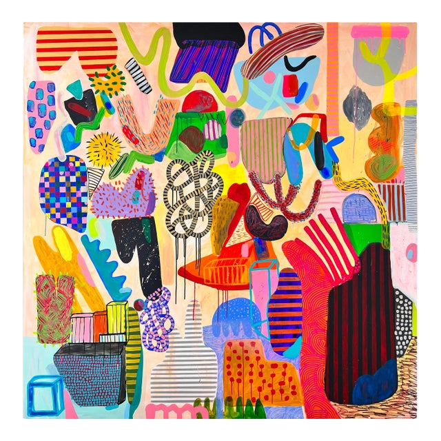 Contemporary Abstract Mixed Media Acrylic, Oil Pastels, Gouache on Cotton Painting "Small Talk Geometry" by Daniela Marin For Sale