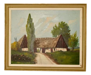 E Johansson, Large Landscape with Farmhouse, 1960s, Oil on Canvas, Framed