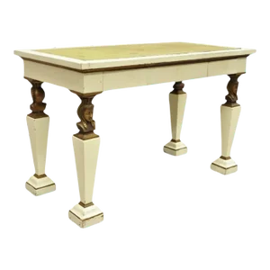 1900s Antique Egyptian Revival Style Green Leather Top Figural 3 Drawer Console Table