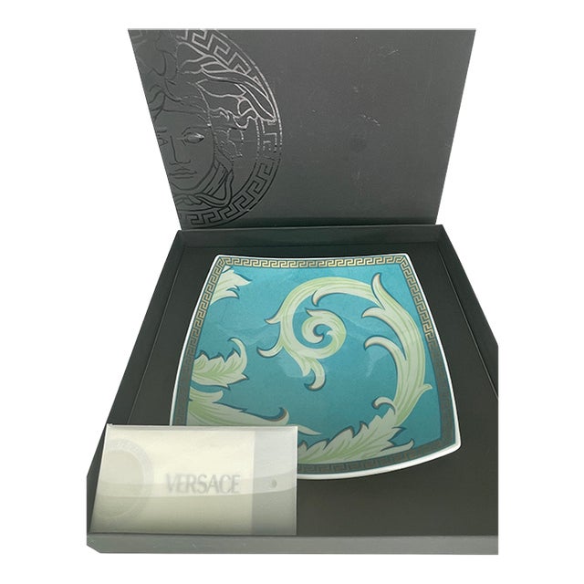 Versace by Rosenthal “Barocco Acanthus” Turquoise Porcelain Square Plate – Original Box For Sale