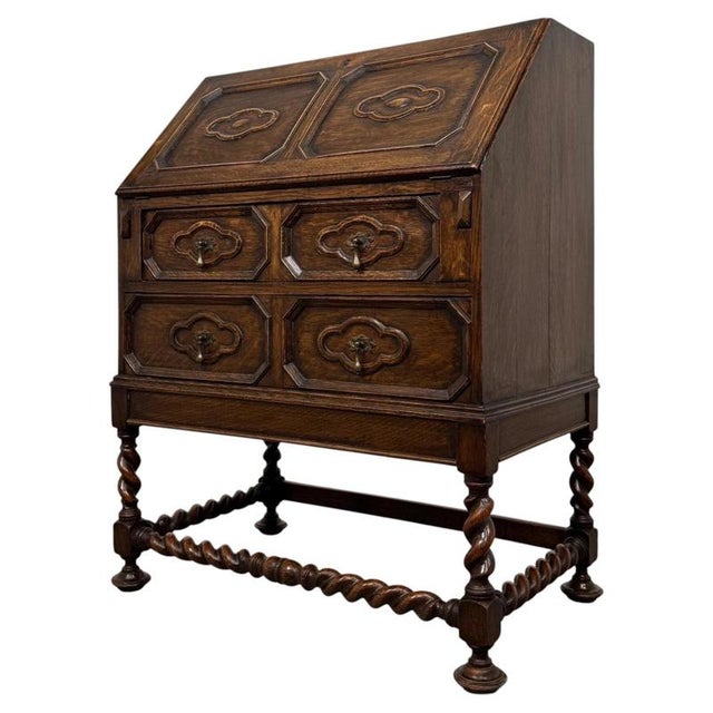 Antique English Jacobean Style Oak Bureau, 1900s For Sale - Image 6 of 14