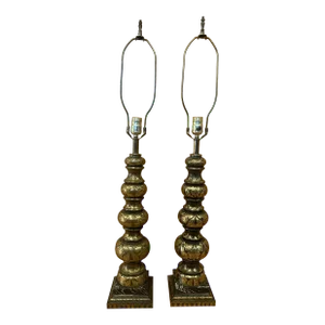 Pair of Vintage 1970’s Inlaid Brass and Marble Lamps