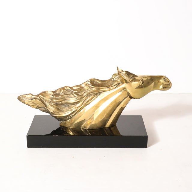 Mid-Century Horse Bust Sculpture W/ Flowing Mane in Polished Brass on Black Base For Sale - Image 11 of 11