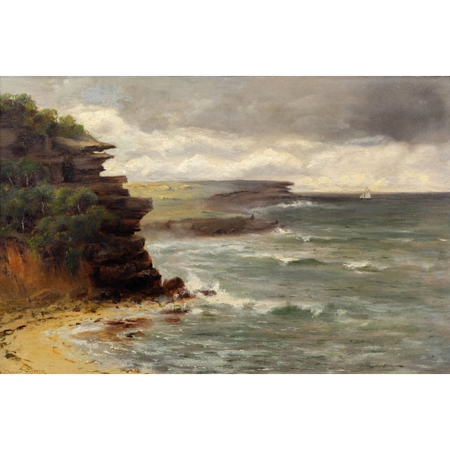 Antique British School oil on canvas circa 1900, Coastal View with Cliffs. This marine painting depicts a lovely coastal...