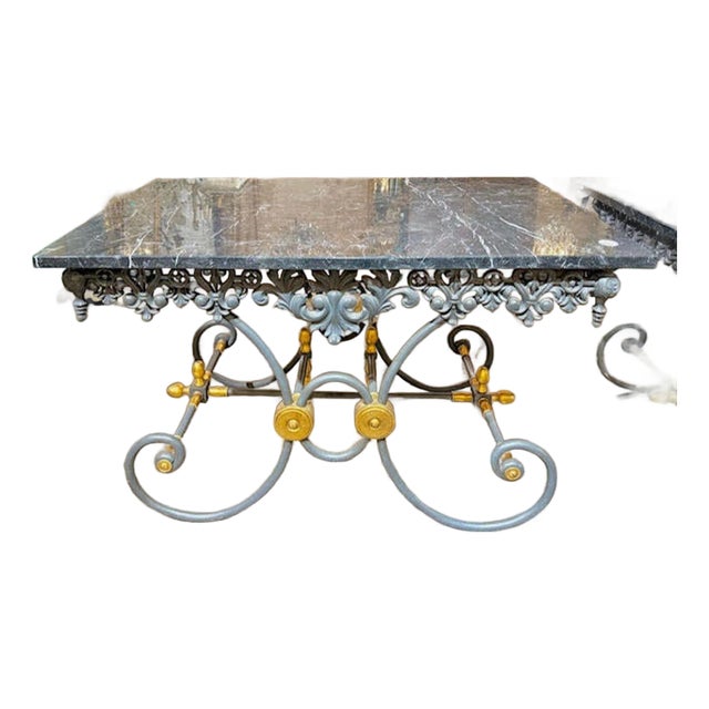  French Steel and Bronze Bakers Tables With Original Grey Marble Tops For Sale