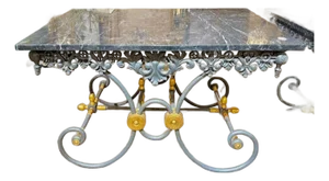 French Steel and Bronze Bakers Tables With Original Grey Marble Tops