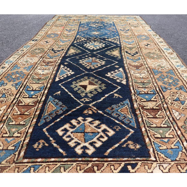 Measures: 3'10 x 9'8 Antique Blue Kazak Gallery Rug, Hand-Knotted Wool, Caucasus 3'10 x 9'8. Keivan Woven Arts/...