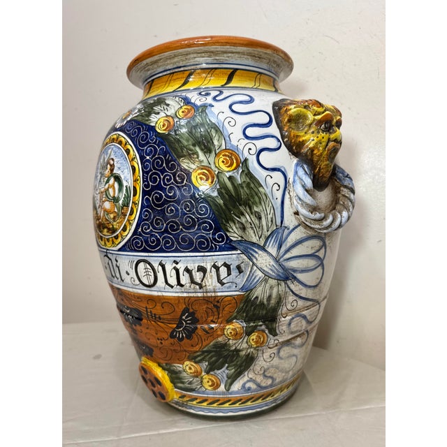 Monumental Antique Hand Painted Italian Majolica Terracotta Pottery Olive Vase For Sale - Image 4 of 15