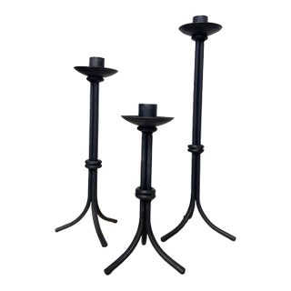 1970s Brutalist Wrought Iron Candlesticks, Set of 3 For Sale