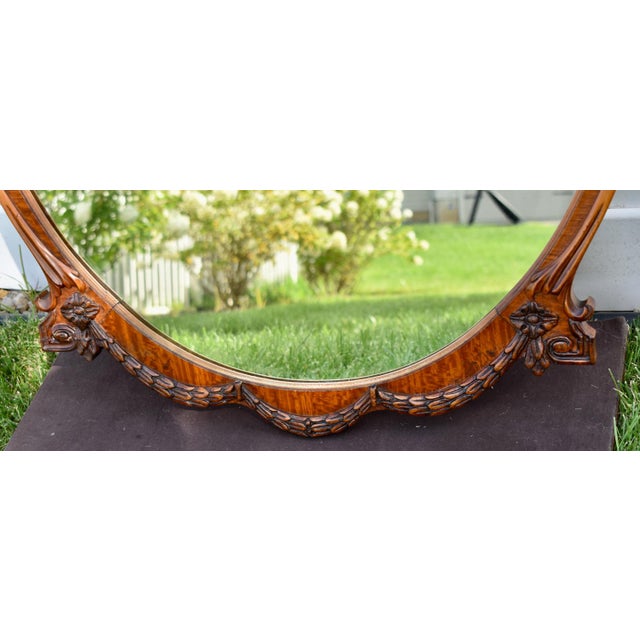 1940s Satinwood Oval Wall Mirror Carved French Flower Basket Crest Decorative Frame For Sale - Image 5 of 15