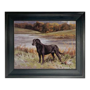 Labrador Retriever With Duck Oil Painting Print on Canvas in Distressed Black Wood Frame- an 11" X 14" Framed to a 14-1/2" X 17-1/2"