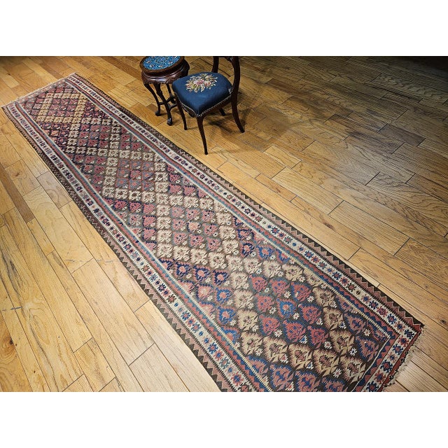 Antique Persian Varamin Kilim Runner, Handwoven Wool, Caucasian Geometric Pattern, 3x15 For Sale - Image 4 of 16