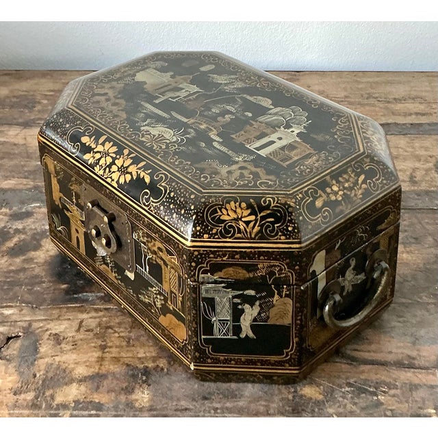 Wood Vintage Asian Lacquered Chinoiserie Sewing Box For Sale - Image 7 of 12