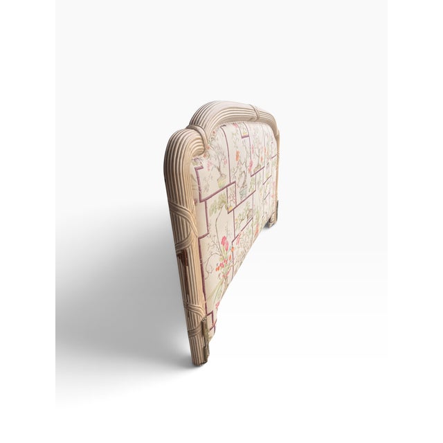 Late 20th Century Vintage King-Size Chinoiserie Silk Upholstered Headboard With Carved Frame For Sale - Image 5 of 16