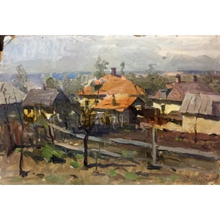 1970s Oil Painting Village by the River For Sale