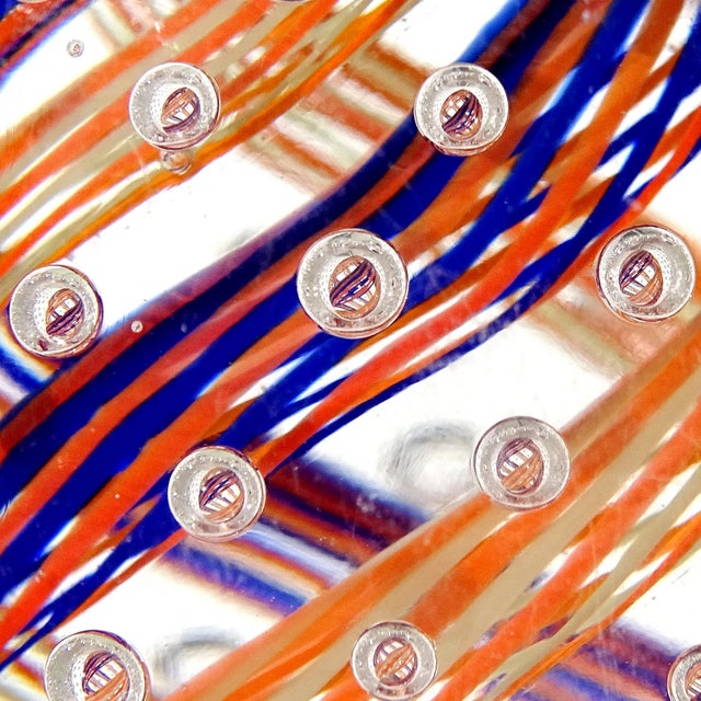 Abstract Vintage Murano Blue Orange Twisting Ribbons Controlled Bubbles Italian Art Glass Egg Paperweight For Sale - Image 3 of 4