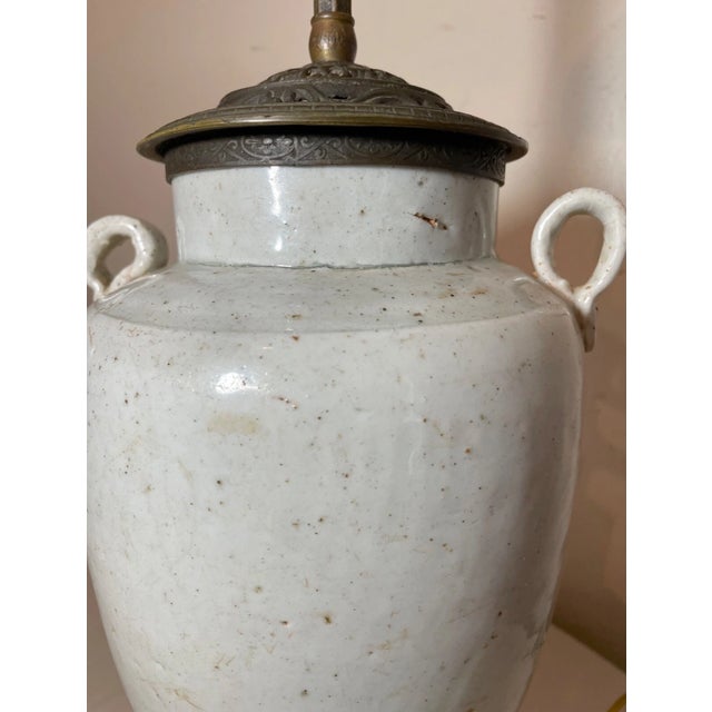 White Rare Antique Ming Dynasty Chinese White Glazed Stoneware Pottery Vase Table Lamp For Sale - Image 8 of 16